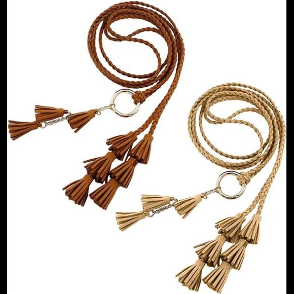 Women Girls PU Leather Waist Belt Chain Skinny Rope with Double Tassel main image 6